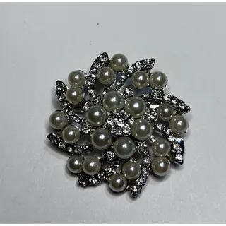 Photo of Faux Pearl Rhinestone Brooch Pin Silver Tone Floral Swirl Bridal Wedding New