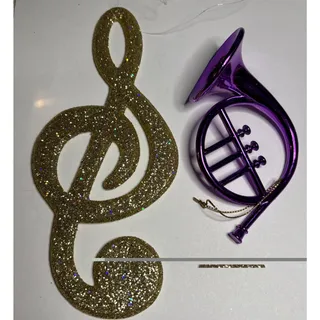 Photo of Mardi Gras Musical Ornament Set Purple French Horn Gold Glitter Treble Clef