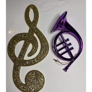 Photo of Mardi Gras Musical Ornament Set Purple French Horn Gold Glitter Treble Clef