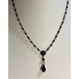 Photo of Chico’s Black Faceted Bead Flower Teardrop Pendant Necklace Gunmetal Tone