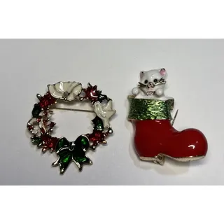 Photo of 2 Enamel Christmas Brooches Wreath and Boot Pin Brooch Cat Kitten