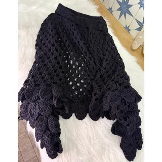 Photo of Vintage Style Crochet Asymmetrical Poncho Capelet Scalloped Open Knit Wrap Cowl Neck