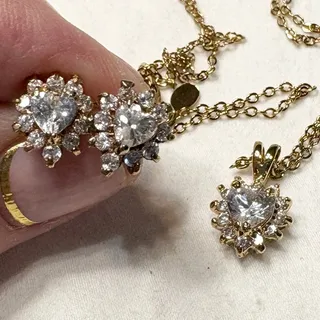 Photo of Crystal Rhinestone Heart Pendant Necklace & Earring Set 14K GE Gold Electroplate
