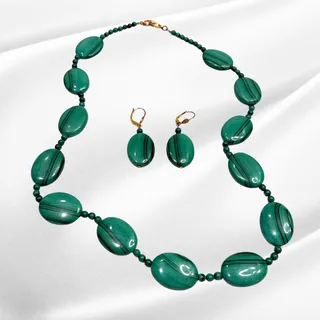 Photo of Vintage Green Malachite Gemstone Necklace & Earrings Set Oval Cabochons Beaded