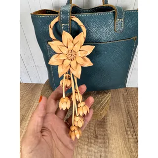 Photo of Daisy Flower Purse Charm Genuine Leather Neutral Beige Flower Bag Charm