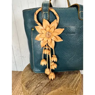 Photo of Daisy Flower Purse Charm Genuine Leather Neutral Beige Flower Bag Charm