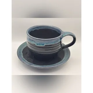 Photo of Set of Blue Stoneware Cup and Saucer, Pottery Mug with Drip Glaze