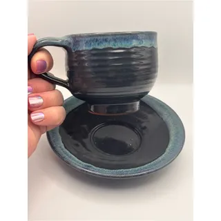 Photo of Set of Blue Stoneware Cup and Saucer, Pottery Mug with Drip Glaze