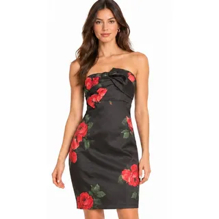 Photo of Charlotte Russe Black Red Rose Strapless Satin Mini Dress Size Medium