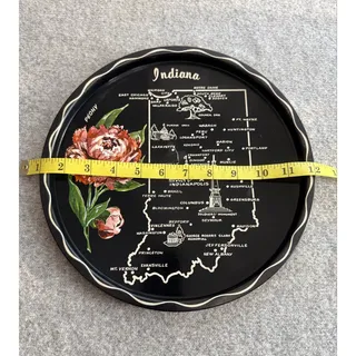 Photo of Vintage Indiana State Map Black Metal Tray Peony Floral Souvenir 11 Inch