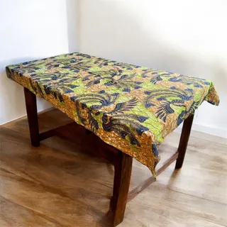 Photo of VTG Cotton 66" x 44" Cotton Peacock Guaranteed Wax Print Fabric Tan Blue Green