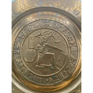 Photo of Vintage 11” Embossed English Copper Art Decorative Plate Aztec Warrior