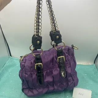 Photo of Women’s Purple Nylon Gathered Handbag With Gold Chain Handles And Gold Accents