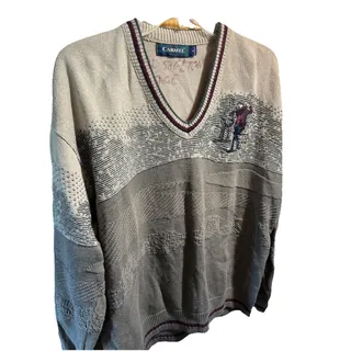 Photo of Vintage 90s Carmel Golf Embroidered Pullover Knit Sweater Size L Gray Beige USA