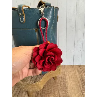 Photo of Leather Red Flower Purse Charm Genuine Leather Rose Bag Charm NEW FAST SHIP