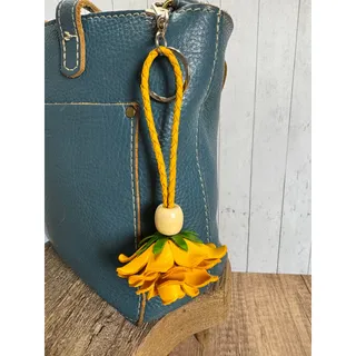 Photo of Leather Yellow Flower Purse Charm Genuine Leather Rose Bag Charm NEW FAST SHIP