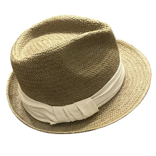 Photo of Banana Republic Tan Paper Straw Fedora Hat S/M Striped Ribbon Band Resort Beach