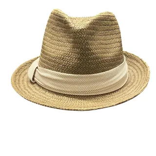 Photo of Banana Republic Tan Paper Straw Fedora Hat S/M Striped Ribbon Band Resort Beach