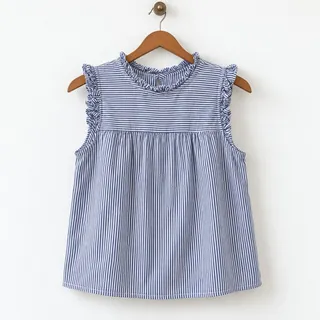 Photo of J.Crew Blue White Striped Ruffle Sleeveless Blouse EUC Size 0