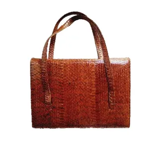 Photo of Vintage Brown Snakeskin Leather Handbag Tote Snap Closure Unmarked
