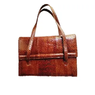 Photo of Vintage Brown Snakeskin Leather Handbag Tote Snap Closure Unmarked
