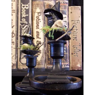 Photo of Pair of 2 OOAK Hand-Carved Wooden Crow Witch Centerpieces Gothic Decor
