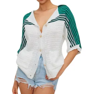 Photo of Micas Women's Small White Green Black Contrast Crochet Short Sleeve Sweater Top