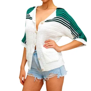 Photo of Micas Women's Small White Green Black Contrast Crochet Short Sleeve Sweater Top