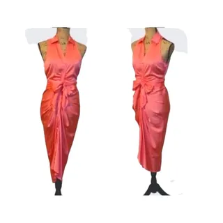 Photo of Do+Be Women's Small Coral Satin Sleeveless Collared VNeck Tie Front Bow Dress