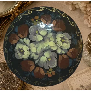 Photo of Vintage 1990s Russian Zhostovo Style Floral Lacquer Brooch Artist Signed 2”
