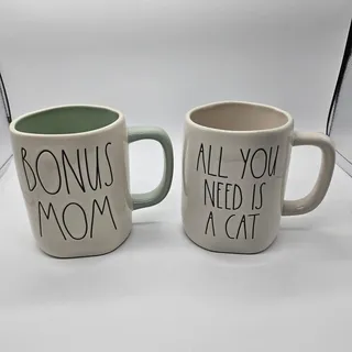 Photo of Rae Dunn ALL YOU NEED IS A CAT & BONUS MOM Ivory Coffee Mug, Black Lettering