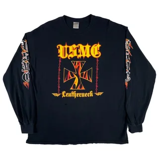 Photo of Y2K USMC Leatherneck Long Sleeve Shirt Mens XL Black Flame Cross Sleeve Print 