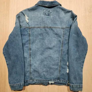 Photo of WAX JEAN Women’s S Distressed Denim Jacket Blue 100% Cotton Button Front Y2K