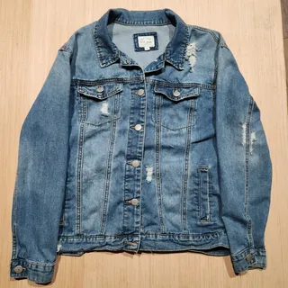 Photo of WAX JEAN Women’s S Distressed Denim Jacket Blue 100% Cotton Button Front Y2K