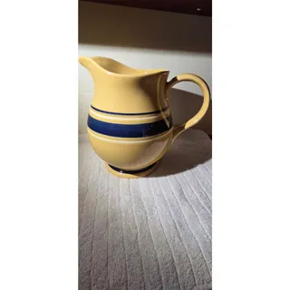 Photo of Yellow & Cobalt Blue Ceramic Pitcher Large Striped Beverage Jug Vase 8.5"