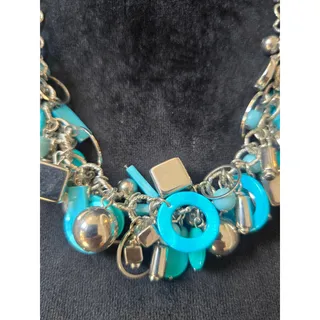 Photo of Silver Tone Turquoise Blue Charm Beaded Statement Necklace
