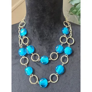 Photo of Gold Tone Turquoise Blue Beaded Circle Link Statement Necklace