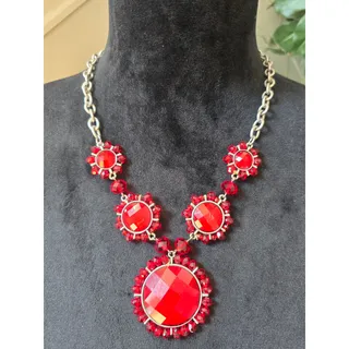 Photo of Silver Tone Red Rhinestone Bib Statement Necklace