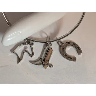 Photo of Vintage 1980s Silver-Tone Bangle Bracelet w/ Horse, Horseshoe, & Boot Charms