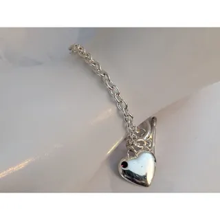 Photo of Cute Vintage 1980s 7" Silver-Tone Cable Chain Tiny Garnet Heart Charm Bracelet