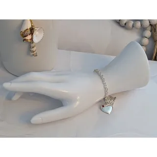 Photo of Cute Vintage 1980s 7" Silver-Tone Cable Chain Tiny Garnet Heart Charm Bracelet