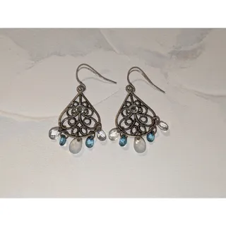 Photo of Pretty Vintage 1980s Silver-Tone Rhinestone Blue Beaded Teardrop Dangle Earrings