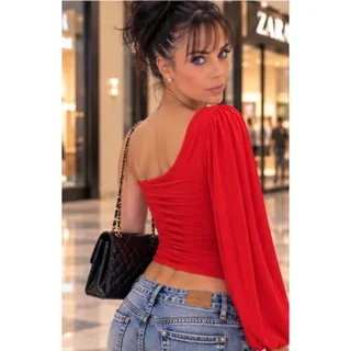 Photo of #2-14 NWOT RED ONE SHOULDER RUCHED LONG SLEEVE TOP ♡SIZE XS♡