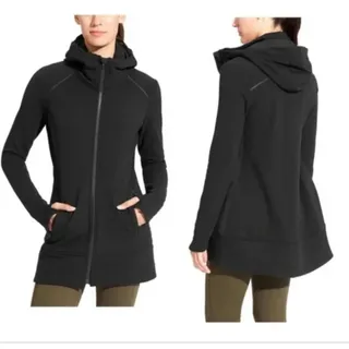 Photo of Athleta Stronger CYA Long Full Zip Hoodie Jacket M Black Fleece Lined Athleisure