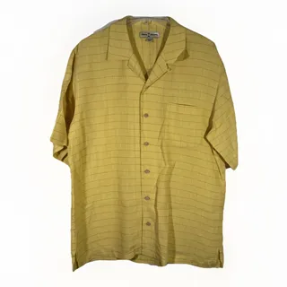 Photo of Tommy Bahama Shirt Mens L Yellow Check Linen Blend Casual Short Sleeve Camp Silk