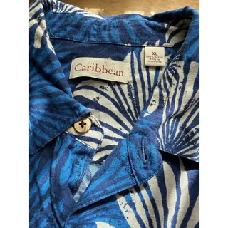 Photo of Caribbean Mens XL Blue Palm Fan Hawaiian Resort Rayon Short Sleeve Button Shirt