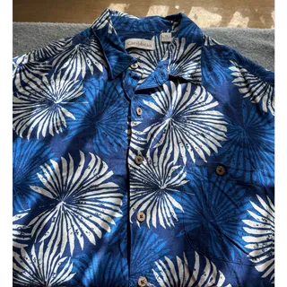 Photo of Caribbean Mens XL Blue Palm Fan Hawaiian Resort Rayon Short Sleeve Button Shirt