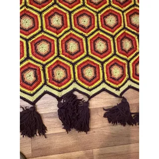 Photo of Vintage Handmade Knitted brown yellow orange tassels Afghan Throw Blanket 74x46