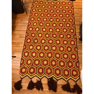 Photo of Vintage Handmade Knitted brown yellow orange tassels Afghan Throw Blanket 74x46