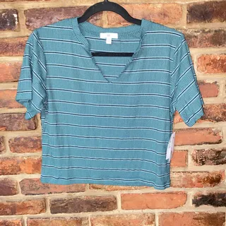 Photo of NWT BP Green Trekking Stripe Bella Ribbed Knit T-Shirt Women's Size XXS